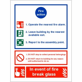 3 Point Fire Action Notice Sign - In Event Of Fire Break Glass Fire Action Sign 200 x 300mm