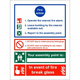 3 Point Fire Action Notice Sign - In Event Of Fire Break Glass (Writable) Fire Action Sign