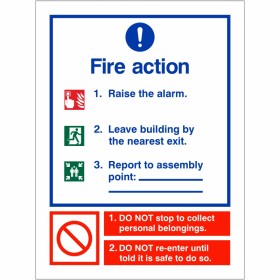 3 Point Fire Action Notice Sign - Raise The Alarm (Assembly Pt Writable) Fire Action Sign 150 x 200mm