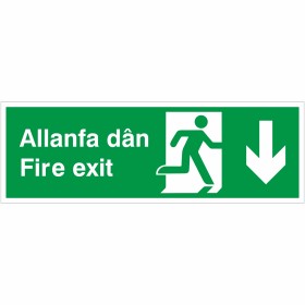 Fire Exit Arrow Down Sign in Welsh / English Fire Exit Arrow Down Sign in Welsh / English