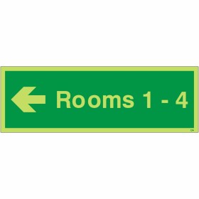 Glow in the Dark Rooms 1-4 (Arrow Left) Wayfinding Sign Glow in the Dark Rooms 1-4 (Arrow Left) Wayfinding Sign