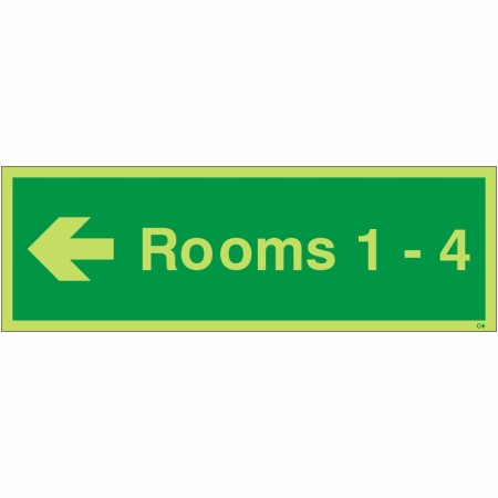 Glow in the Dark Rooms 1-4 (Arrow Left) Wayfinding Sign