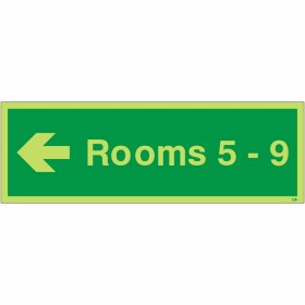 Glow in the Dark Rooms 5-9 (Arrow Left) Wayfinding Sign Glow in the Dark Rooms 5-9 (Arrow Left) Wayfinding Sign