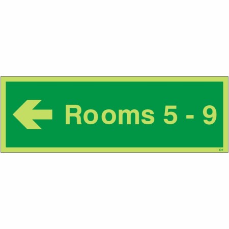 Glow in the Dark Rooms 5-9 (Arrow Left) Wayfinding Sign