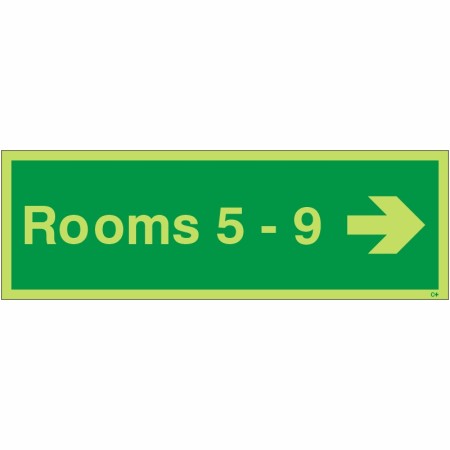 Glow in the Dark Rooms 5-9 (Arrow Right) Wayfinding Sign