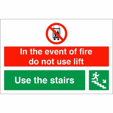 In The Event Of Fire Do Not Use Lift / Use Stairs Down Right Sign