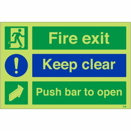 Glow in the Dark Fire Exit Keep Clear Push Bar To Open Sign