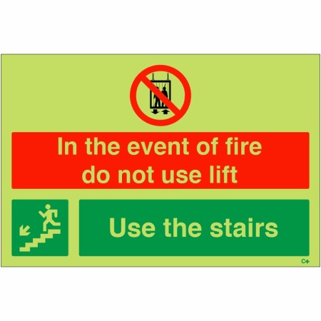 Glow in the Dark In The Event Of Fire Do Not Use Lift / Use Stairs Down Left Sign