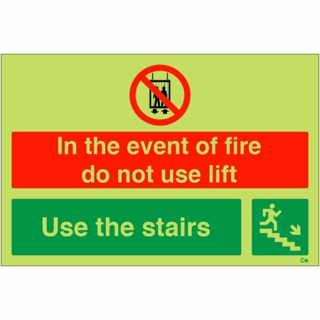 Glow in the Dark In The Event Of Fire Do Not Use Lift / Use Stairs Down Right Sign