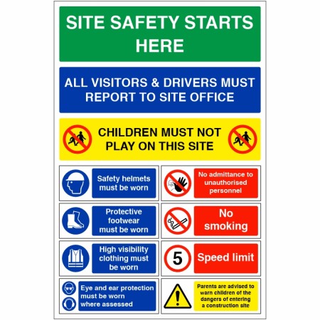 Safety Starts Here Sign - All Visitors And Drivers Must Report To Site Office