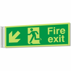 fire exit arrow down left corridor sign