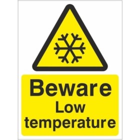 Beware low temperature warning safety sign with hazard symbol
