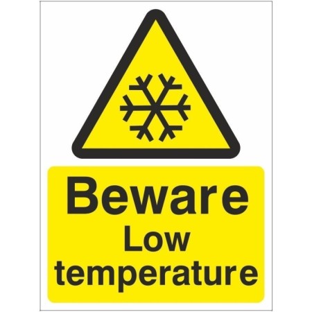 Beware low temperature warning safety sign with hazard symbol