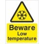 Beware low temperature warning safety sign with hazard symbol
