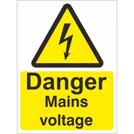Danger mains voltage electrical warning sign with lightning symbol