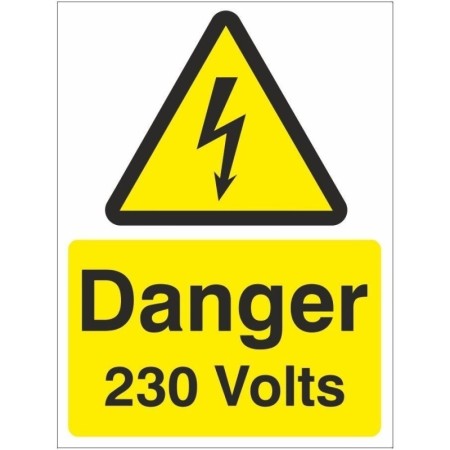 Danger 230 volts electrical warning sign with lightning bolt symbol