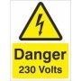 Danger 230 volts electrical warning sign with lightning bolt symbol
