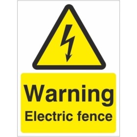 Warning electric fence safety sign with lightning bolt symbol