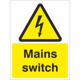 Mains switch electrical warning sign with lightning symbol