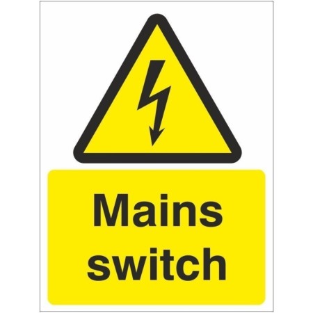 Mains switch electrical warning sign with lightning symbol