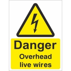 Danger overhead live wires electrical warning sign with lightning symbol