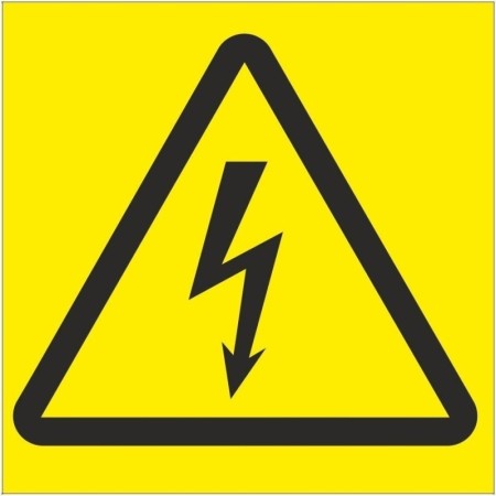 Electrical voltage warning symbol sign with yellow background and black lightning bolt