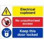 Electrical cupboard sign with no unauthorised access and keep door locked message