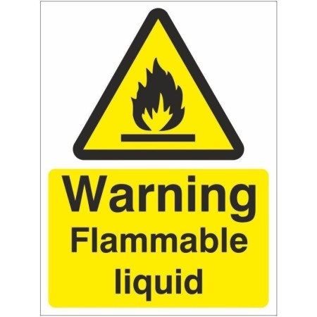 Warning flammable liquid safety sign with flame symbol