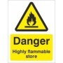 Danger highly flammable store warning sign with flame symbol