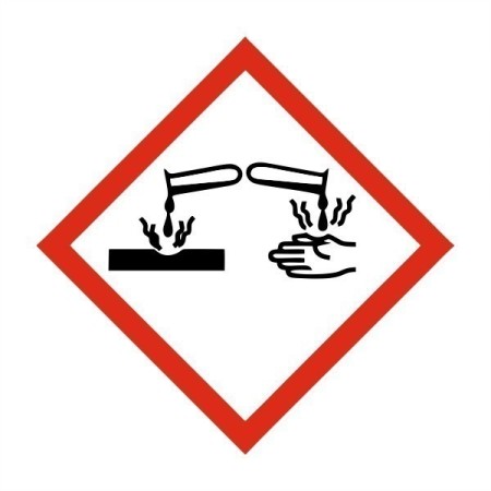 Corrosive hazard GHS symbol sign showing liquid damaging hand and surface