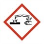 Corrosive hazard GHS symbol sign showing liquid damaging hand and surface
