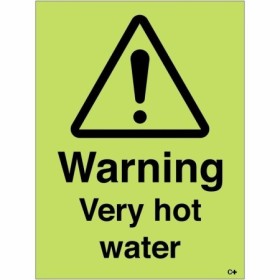 Warning Very Hot Water glow in the dark safety sign with hazard symbol