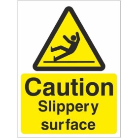 Caution Slippery Surface safety sign with slipping figure symbol on yellow background