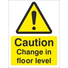 Caution Change In Floor Level Warning Sign with exclamation symbol and yellow background