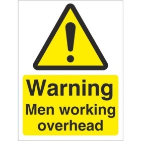 Warning men working overhead yellow hazard sign with symbol