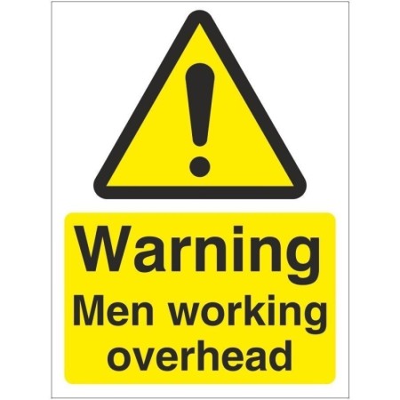 Warning men working overhead yellow hazard sign with symbol