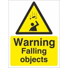 Warning Falling Objects safety sign with hazard symbol and yellow background