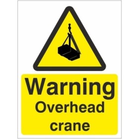 Warning overhead crane sign with lifting load symbol and yellow hazard background