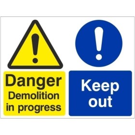 Danger demolition in progress keep out safety sign with symbols