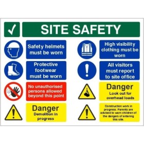 Danger demolition in progress multi message site safety board sign with PPE and hazard warnings