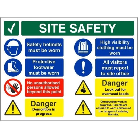 Danger demolition in progress multi message site safety board sign with PPE and hazard warnings