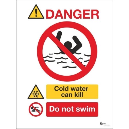 Danger deep cold water do not swim safety sign