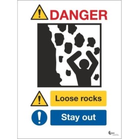 Danger loose rocks stay away safety sign with falling rock symbol