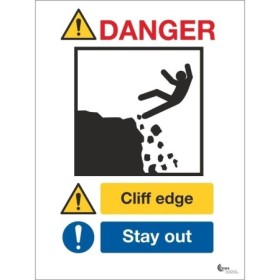 Danger cliff edge stay away safety sign with falling hazard symbol