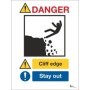 Danger cliff edge stay away safety sign with falling hazard symbol