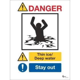 Danger thin ice deep water stay out sign with breaking ice symbol