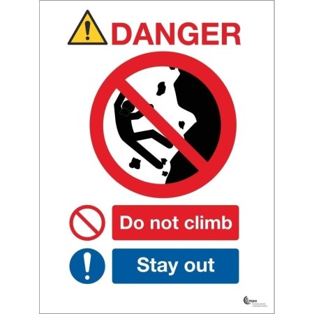 Danger sign do not climb stay away with prohibition symbol and warning text