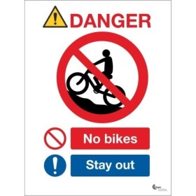 Danger no bikes stay out safety sign with prohibition symbol