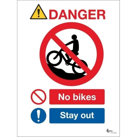 Danger no bikes stay out safety sign with prohibition symbol