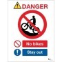 Danger no bikes stay out safety sign with prohibition symbol